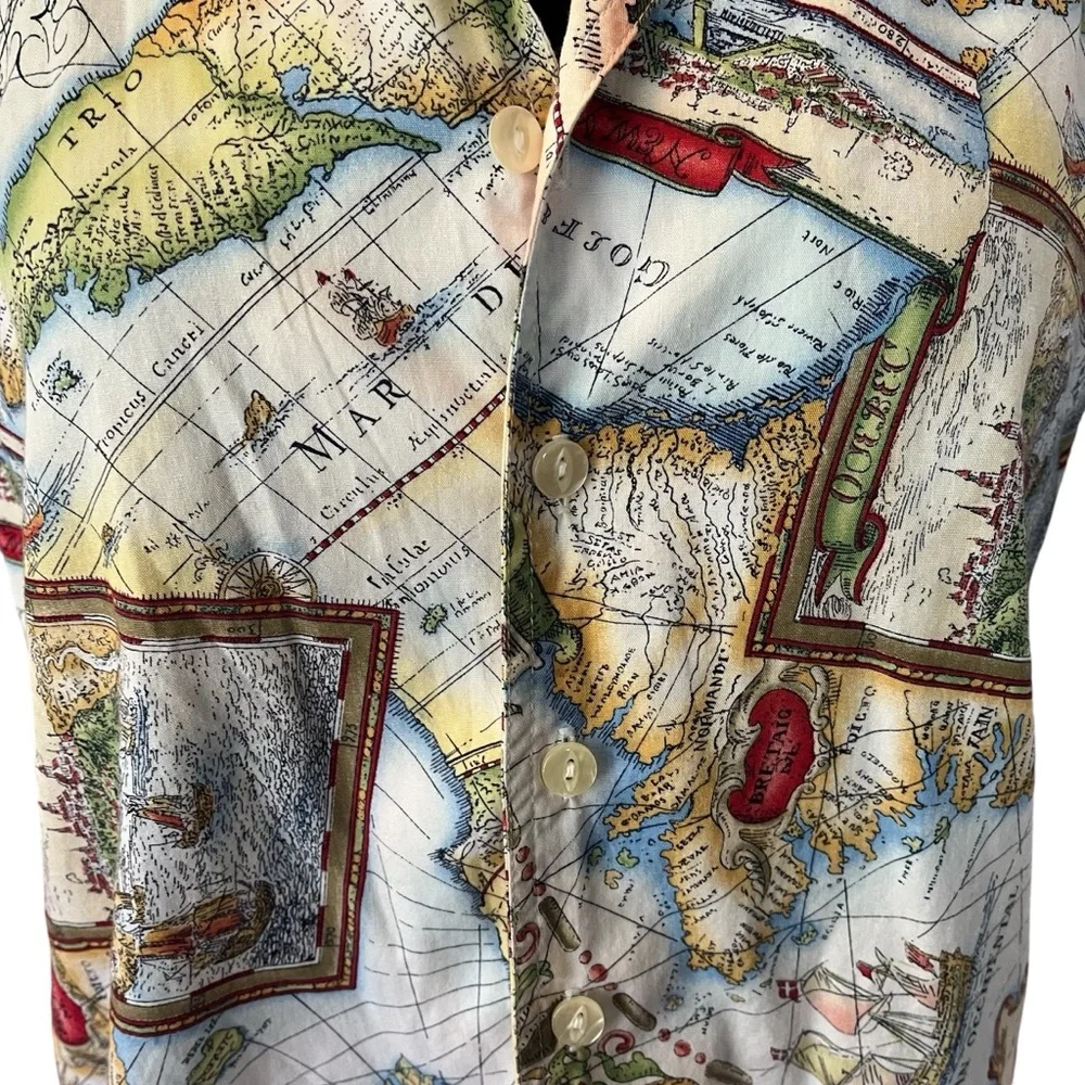 Vintage map print button up shirt short sleeve SP - Picture 7 of 13